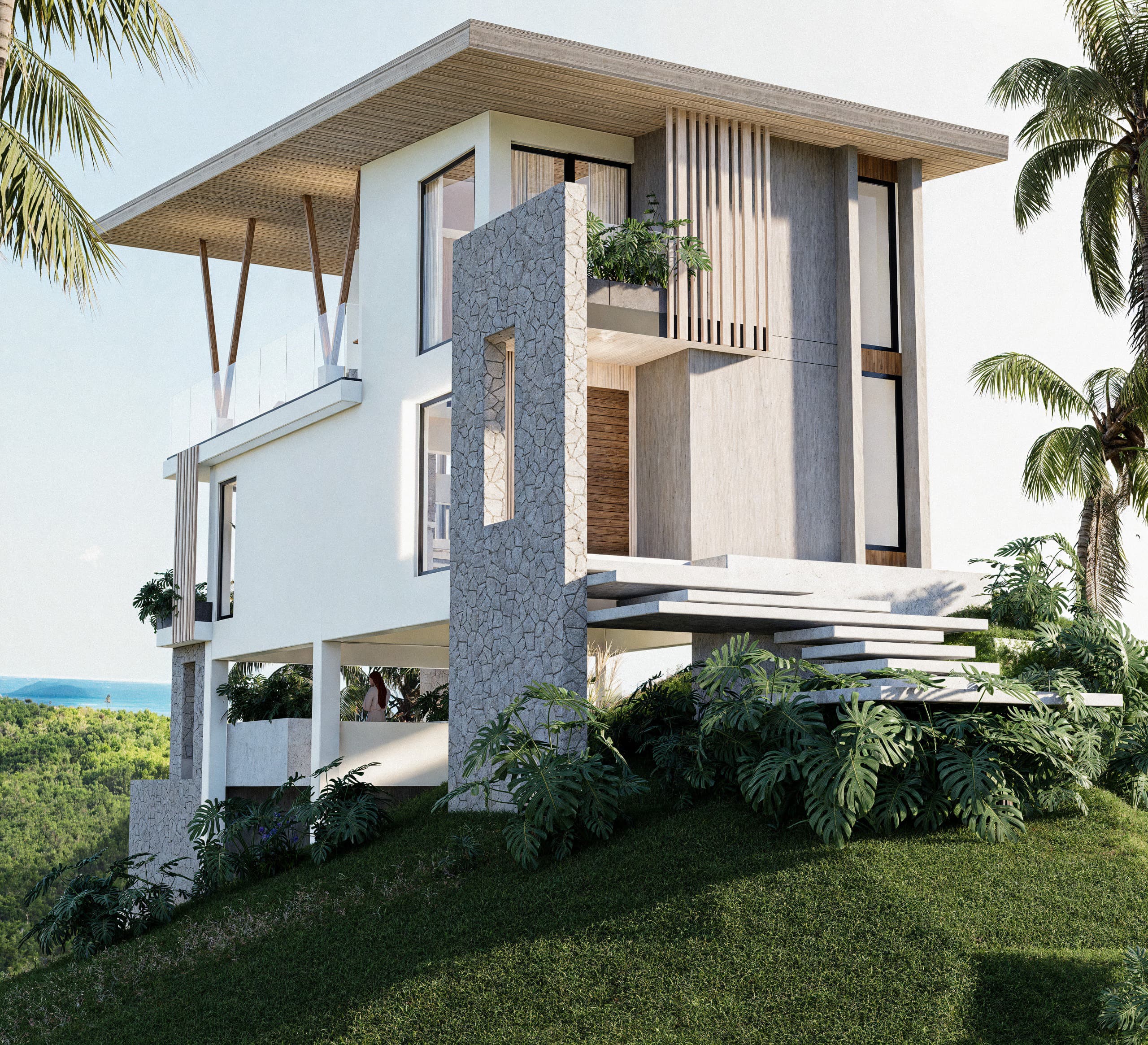 Render de villa en colina con vista al Atlántico en Cabrera