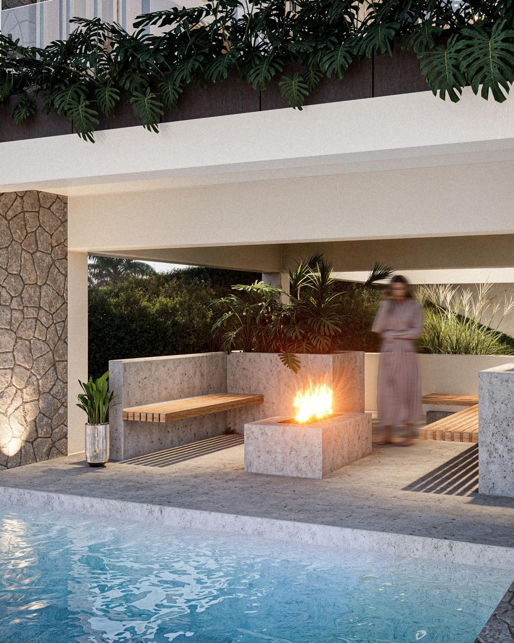 Firepit y piscina — render arquitectónico